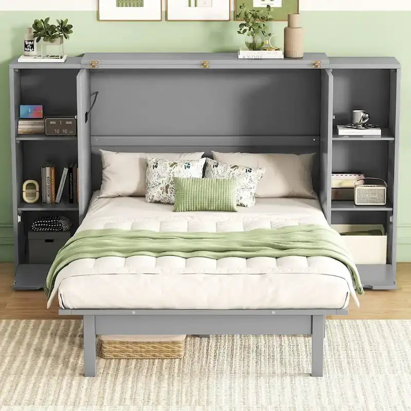 Queen Size Murphy Bed with Shelves, Drawers and USB Ports,Gray