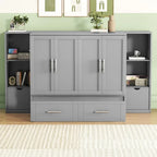 Queen Size Murphy Bed with Shelves, Drawers and USB Ports,Gray