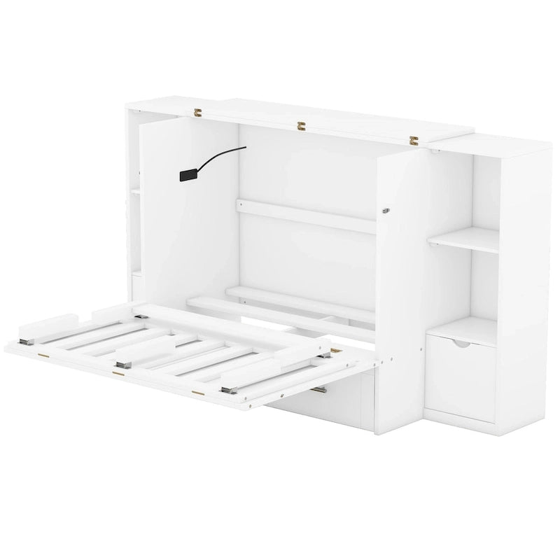 Queen Size Murphy Bed with Shelves, Drawers and USB Ports,Gray