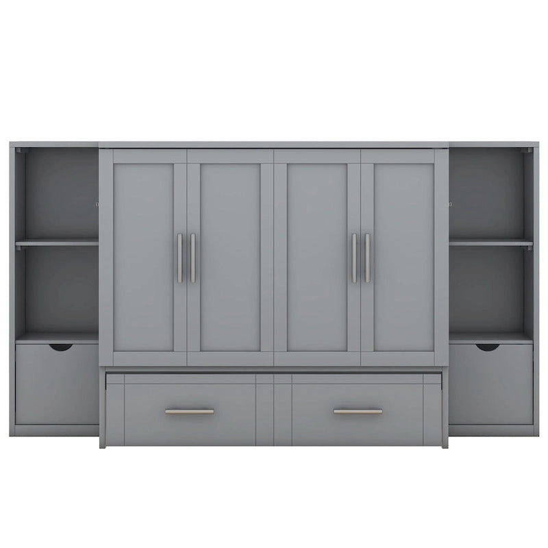 Queen Size Murphy Bed with Shelves, Drawers and USB Ports,Gray