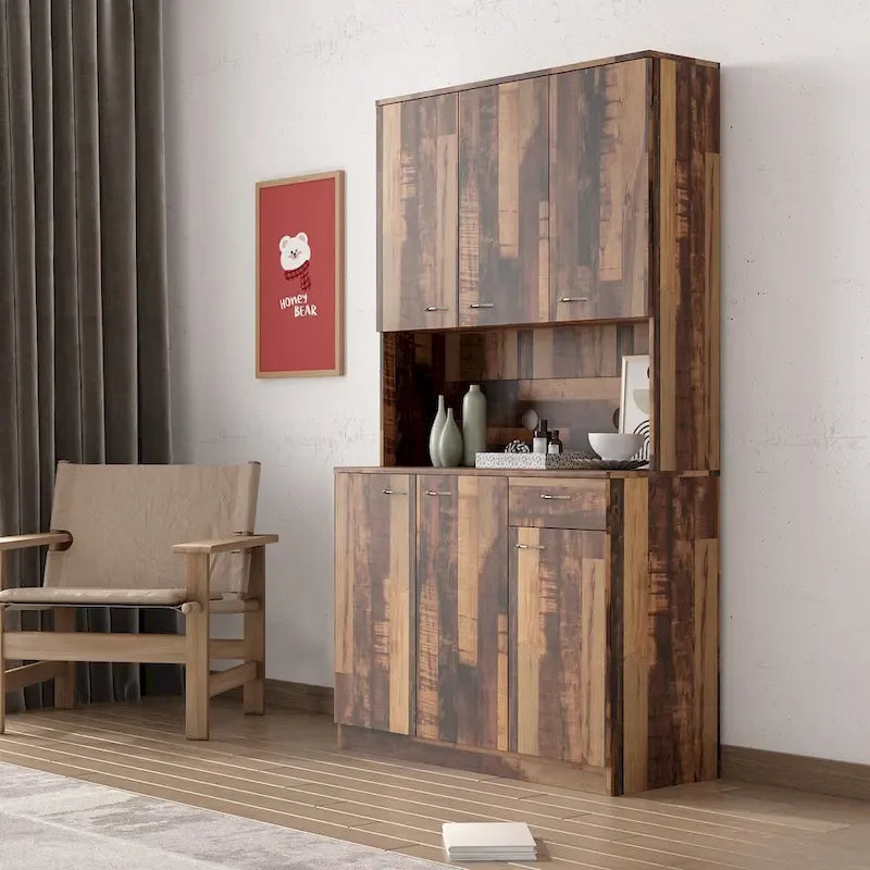 Rustic Farmhouse Tall Wardrobe, Armoire with Shelves, Open Compartment and Drawer, Freestanding Storage Closet Wardrobe Cabinet