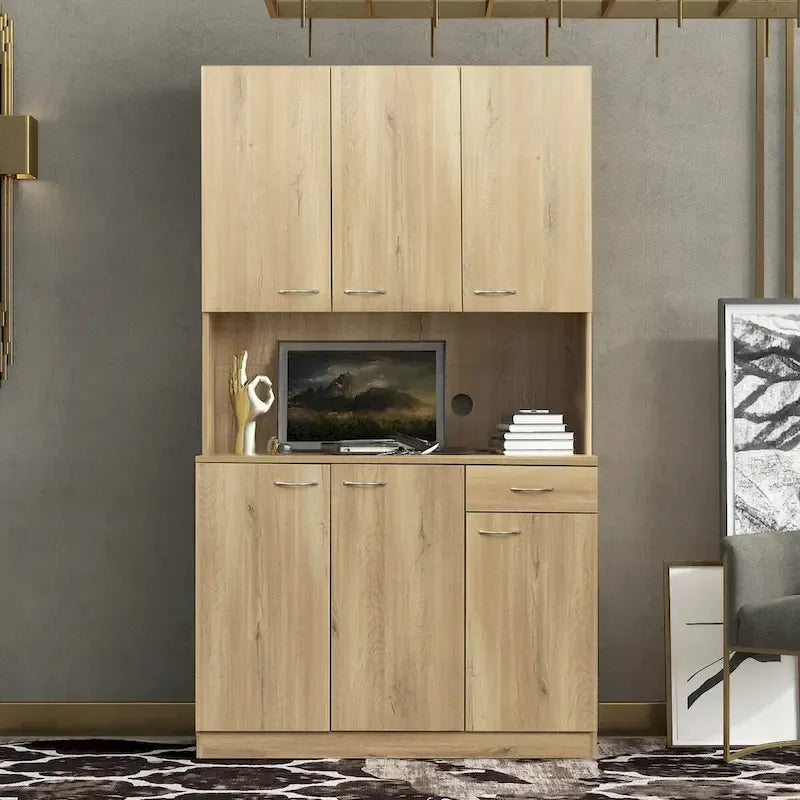 Rustic Farmhouse Tall Wardrobe, Armoire with Shelves, Open Compartment and Drawer, Freestanding Storage Closet Wardrobe Cabinet