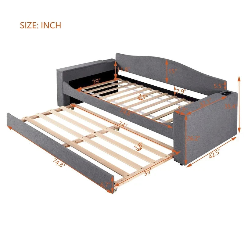 Twin Size UTeddy Fleece Daybed with Storage Armrests andTrundle