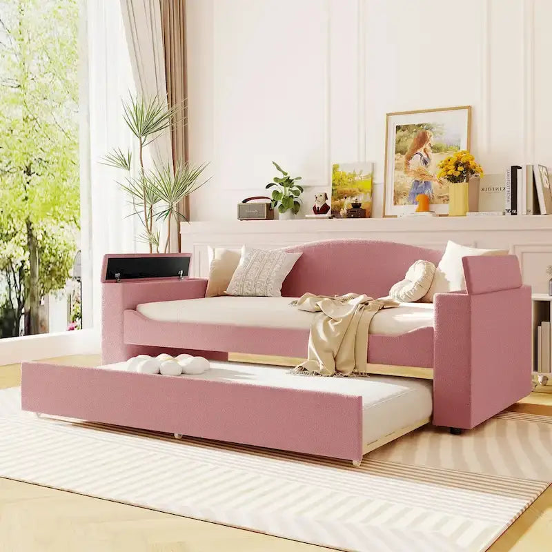 Twin Size UTeddy Fleece Daybed with Storage Armrests andTrundle