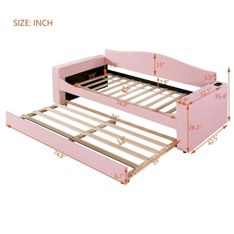 Twin Size UTeddy Fleece Daybed with Storage Armrests andTrundle