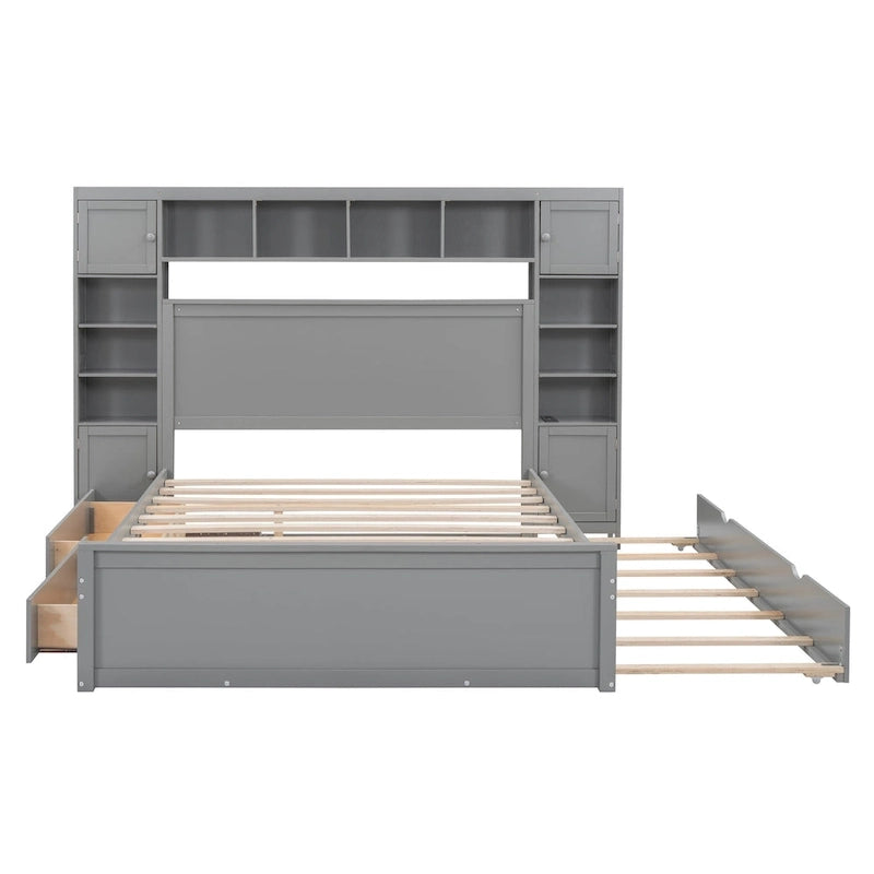 Queen Size Wooden Bed With All-in-One Cabinet