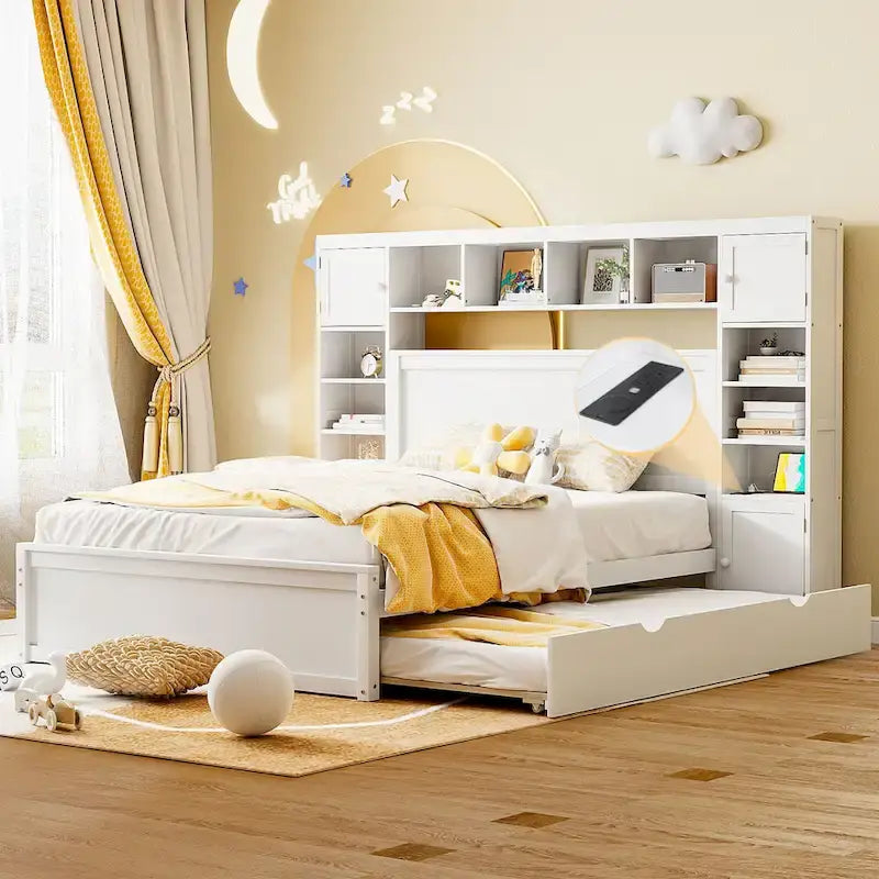 Queen Size Wooden Bed With All-in-One Cabinet