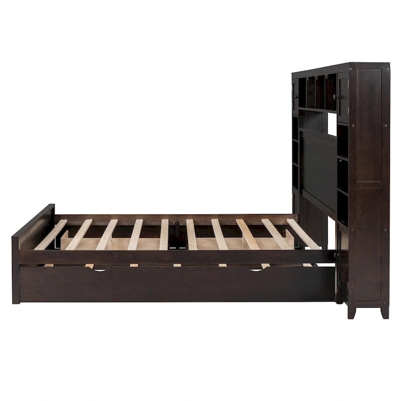 Queen Size Wooden Bed With All-in-One Cabinet