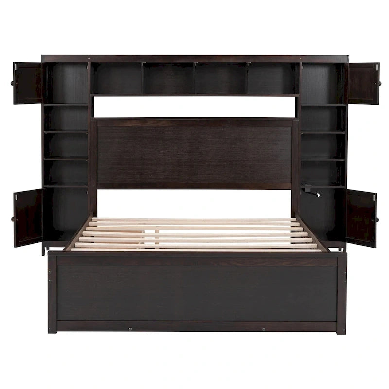 Queen Size Wooden Bed With All-in-One Cabinet