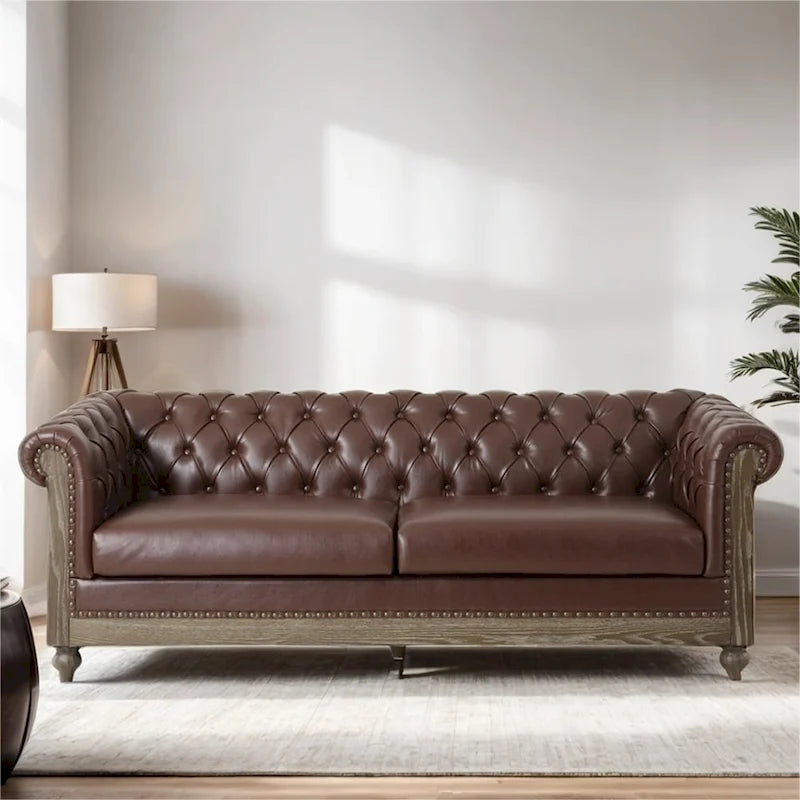 Retro 3 Seat PU Sofa with Wooden Frame and Legs