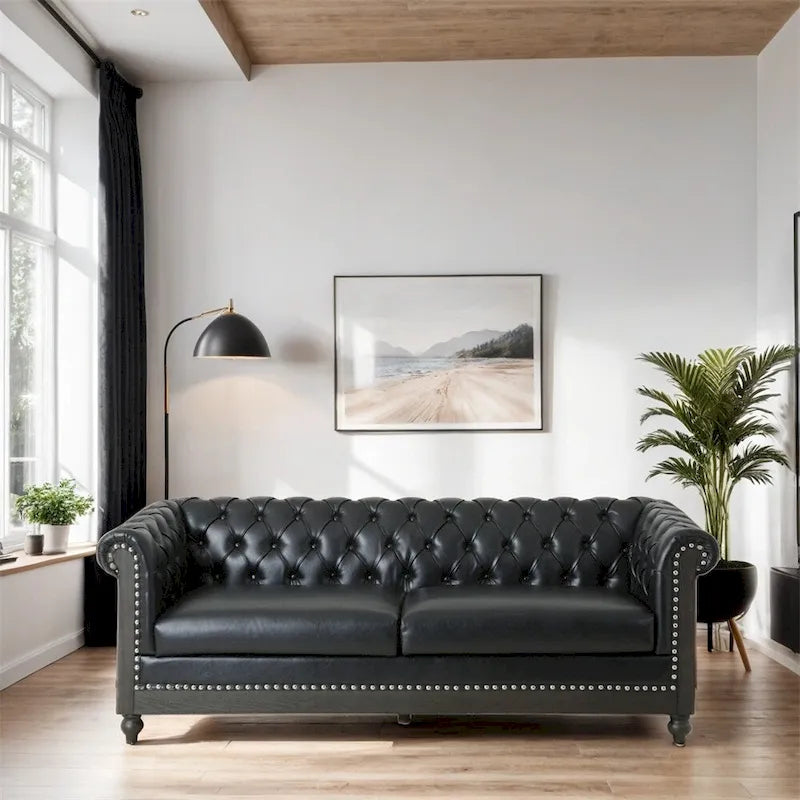 Retro 3 Seat PU Sofa with Wooden Frame and Legs