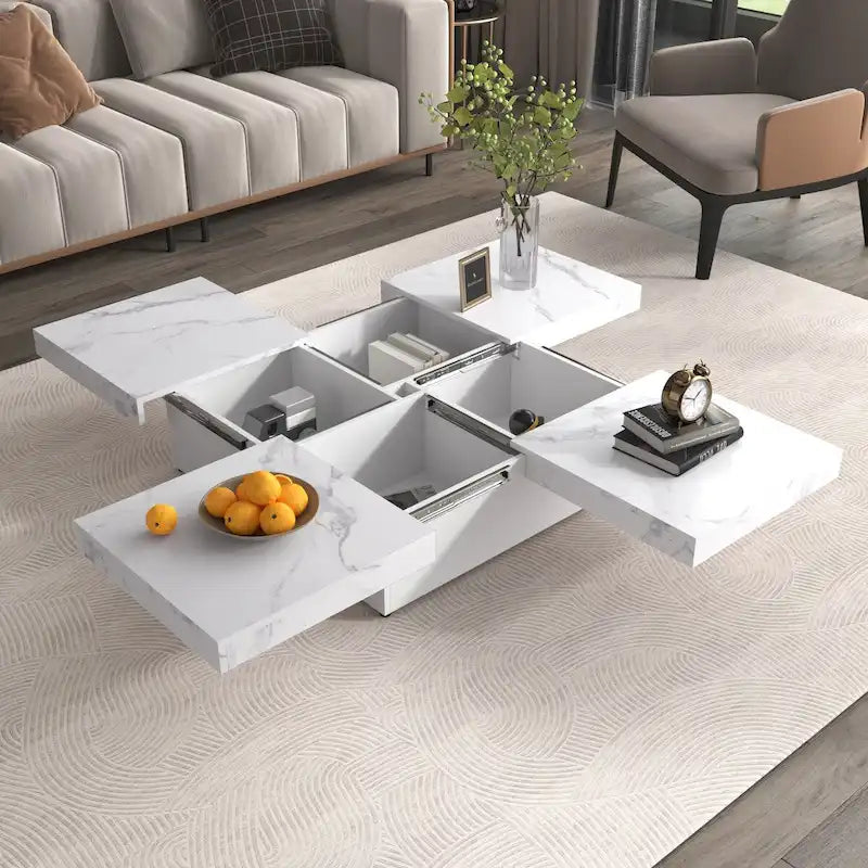 Marble Veneer Coffee Table Sliding Top with Storage