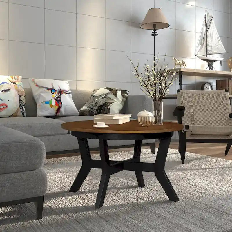 Mid Century Farmhouse 32inch Wood Round Coffee Table for Living Room