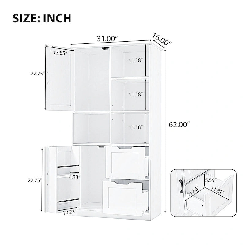 Bathroom Storage Cabinet with 2 Doors, 2 Drawers, Open Shelve & Adjustable Shelf