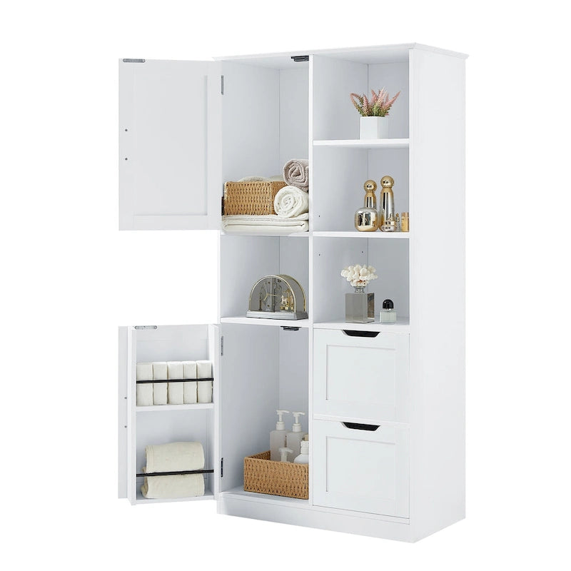 Bathroom Storage Cabinet with 2 Doors, 2 Drawers, Open Shelve & Adjustable Shelf