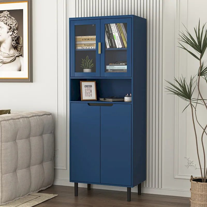 Tall Storage Show Cabinet with 2 Glass Display Door & 2 Doors, Modern Cabinet Freestanding for Bathroom, Dining Living Room