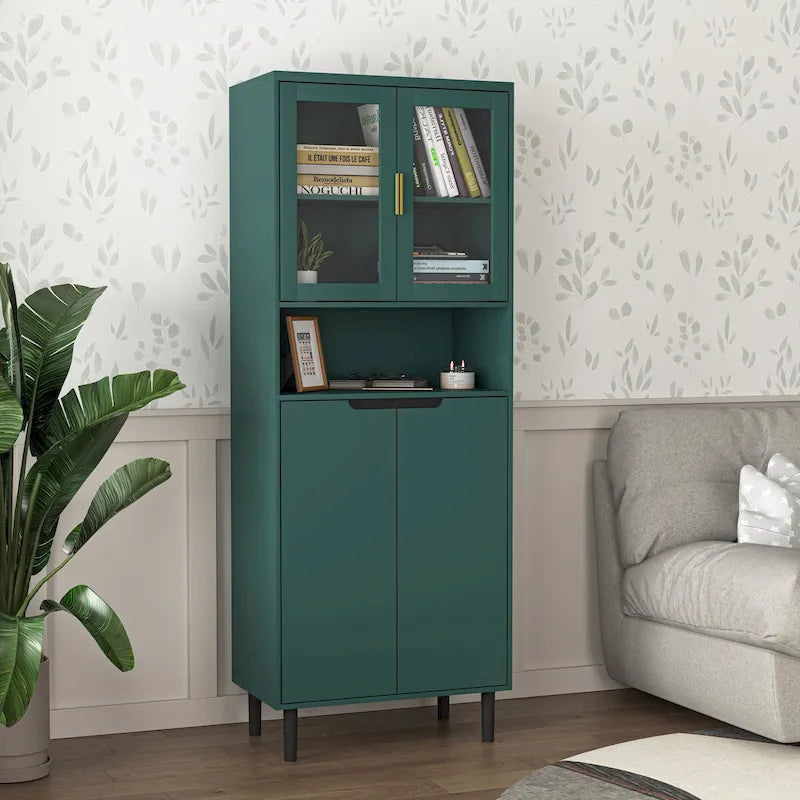 Tall Storage Show Cabinet with 2 Glass Display Door & 2 Doors, Modern Cabinet Freestanding for Bathroom, Dining Living Room