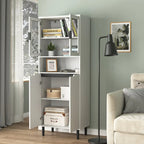 Tall Storage Show Cabinet with 2 Glass Display Door & 2 Doors, Modern Cabinet Freestanding for Bathroom, Dining Living Room