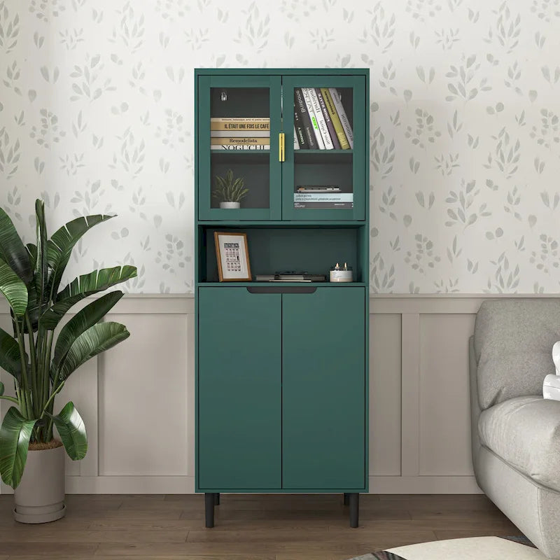 Tall Storage Show Cabinet with 2 Glass Display Door & 2 Doors, Modern Cabinet Freestanding for Bathroom, Dining Living Room