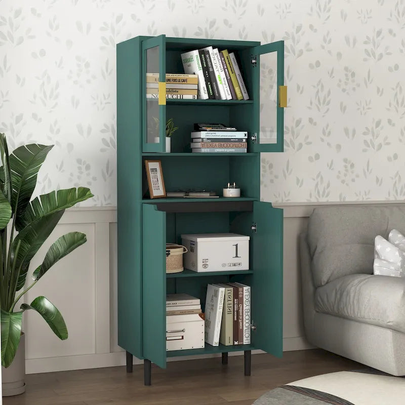 Tall Storage Show Cabinet with 2 Glass Display Door & 2 Doors, Modern Cabinet Freestanding for Bathroom, Dining Living Room