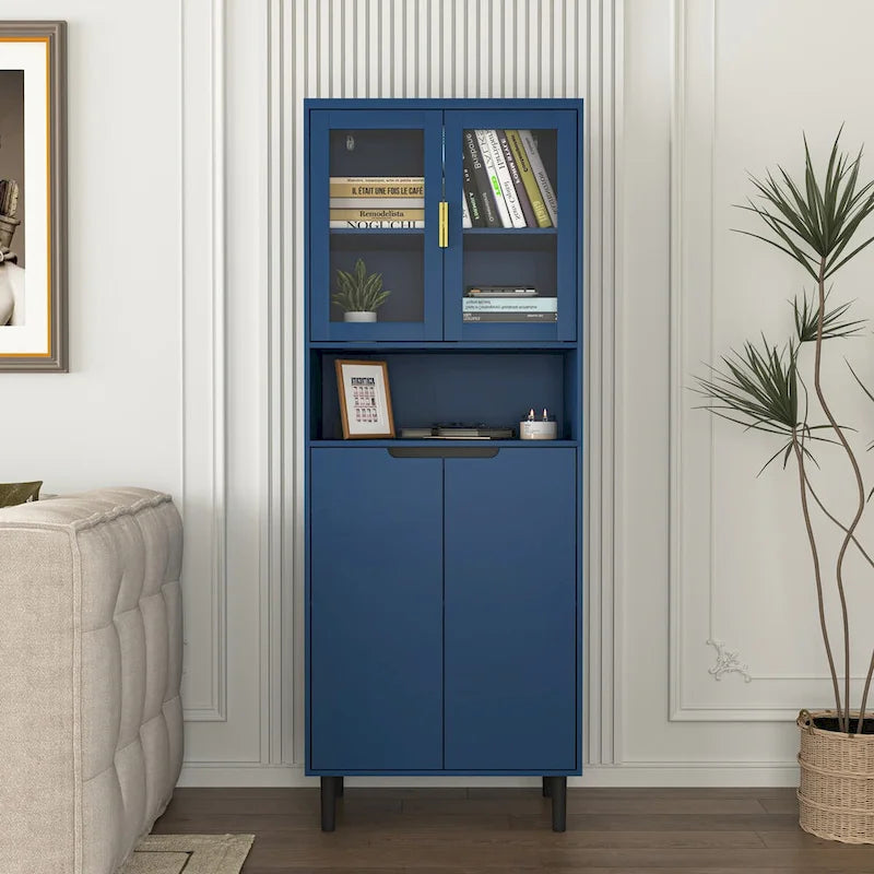 Tall Storage Show Cabinet with 2 Glass Display Door & 2 Doors, Modern Cabinet Freestanding for Bathroom, Dining Living Room