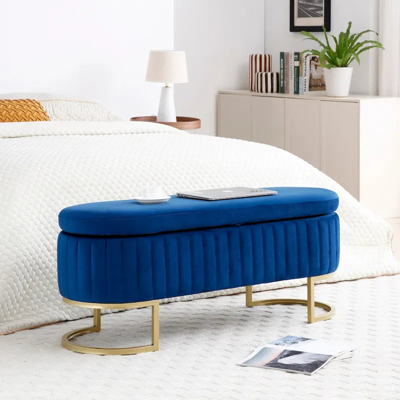 Storage Bench Bedroom Bench, Velvet Oval Upholstered End of Bed Bench with Golden Metal Legs, 50 Storage Ottoman Bench