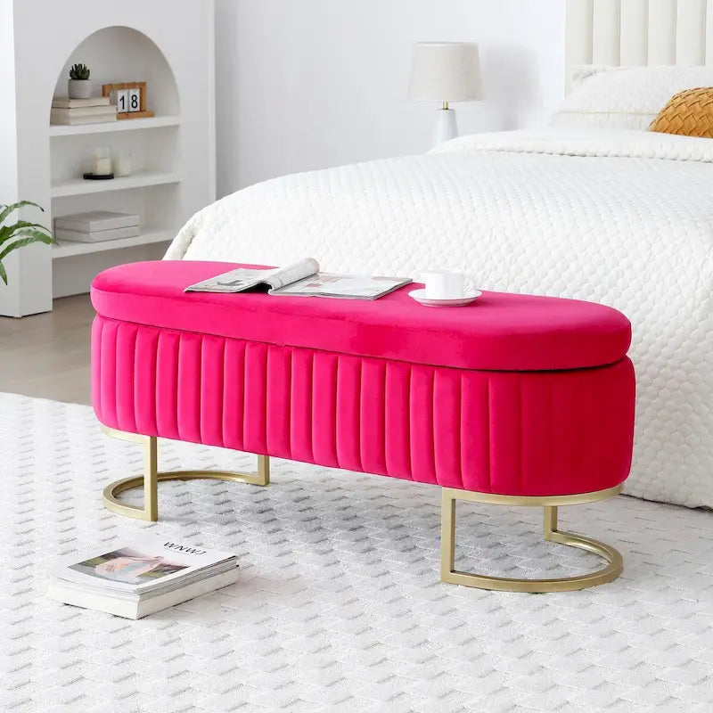 Storage Bench Bedroom Bench, Velvet Oval Upholstered End of Bed Bench with Golden Metal Legs, 50 Storage Ottoman Bench