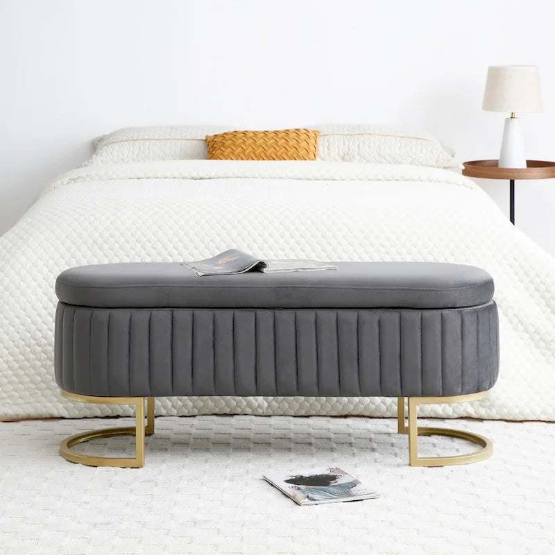 Storage Bench Bedroom Bench, Velvet Oval Upholstered End of Bed Bench with Golden Metal Legs, 50 Storage Ottoman Bench