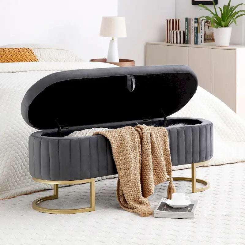 Storage Bench Bedroom Bench, Velvet Oval Upholstered End of Bed Bench with Golden Metal Legs, 50 Storage Ottoman Bench